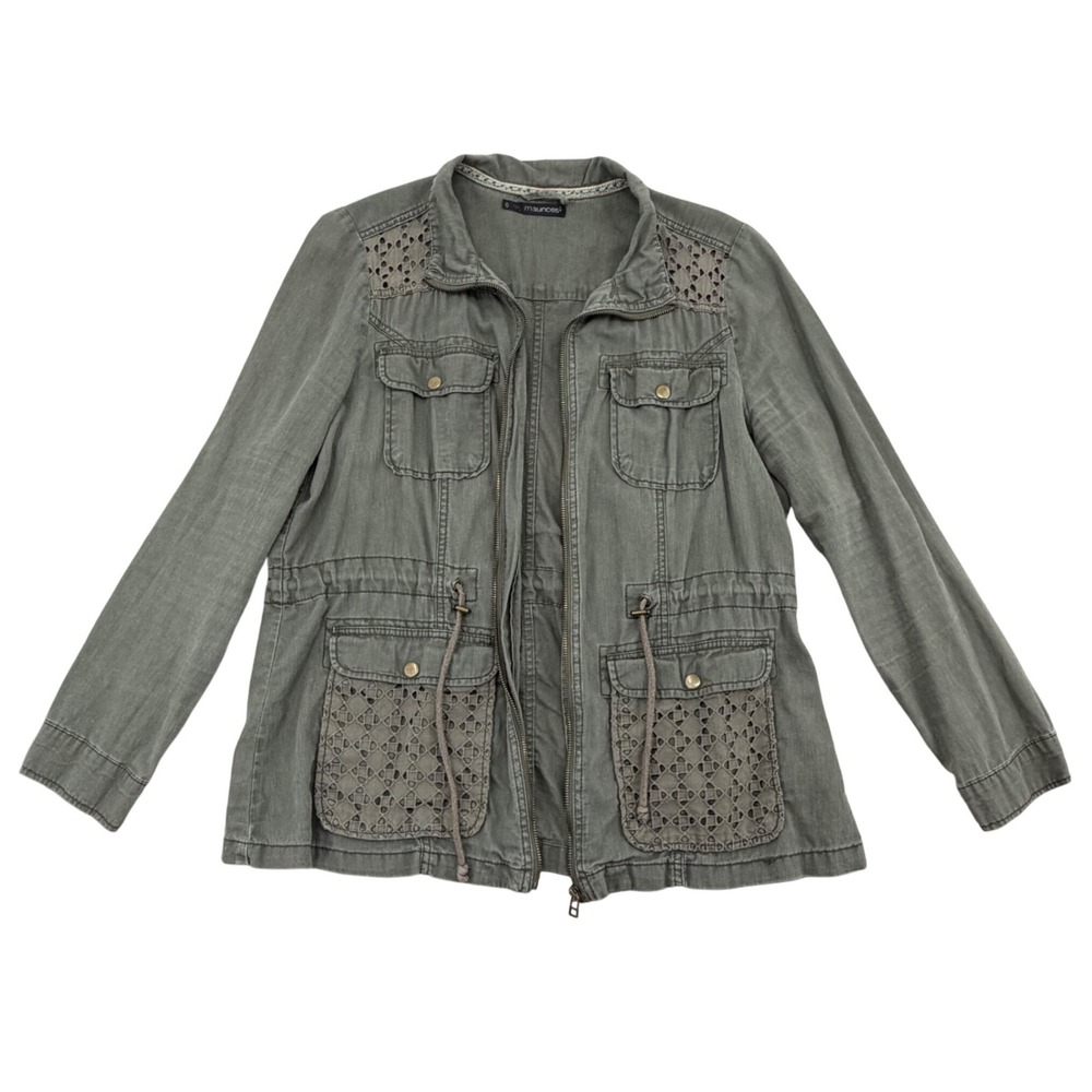 Maurices Utility Jacket Womens 0X Olive Green Eyelet Lace Drawstring Waist Zip